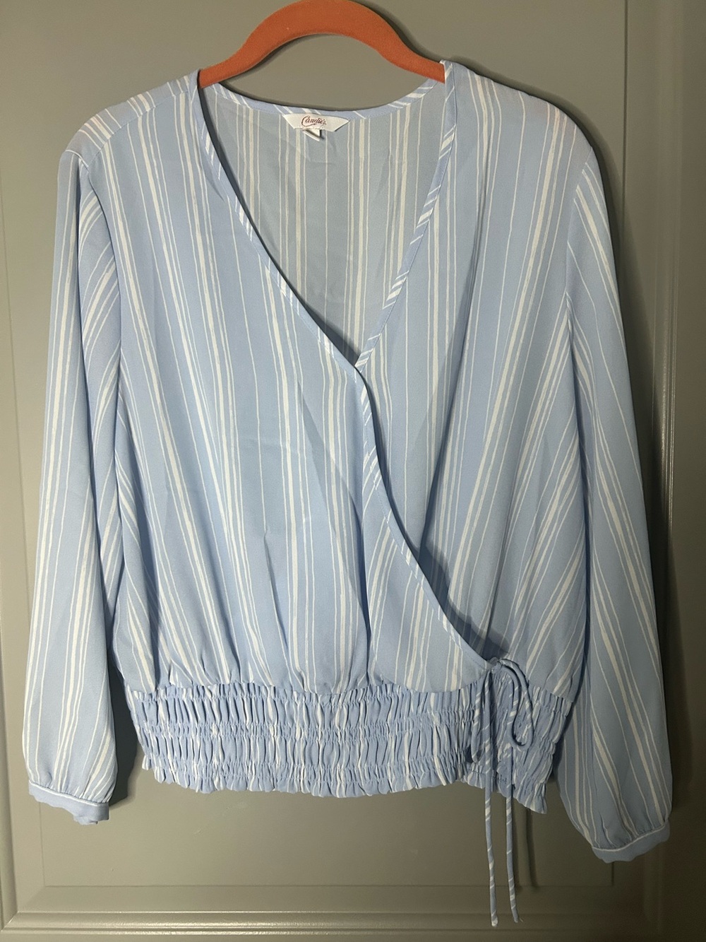 Candie's Light Blue & White Striped Wrap Blouse